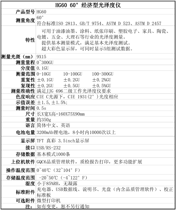 HG60单角度光泽度仪技术参数